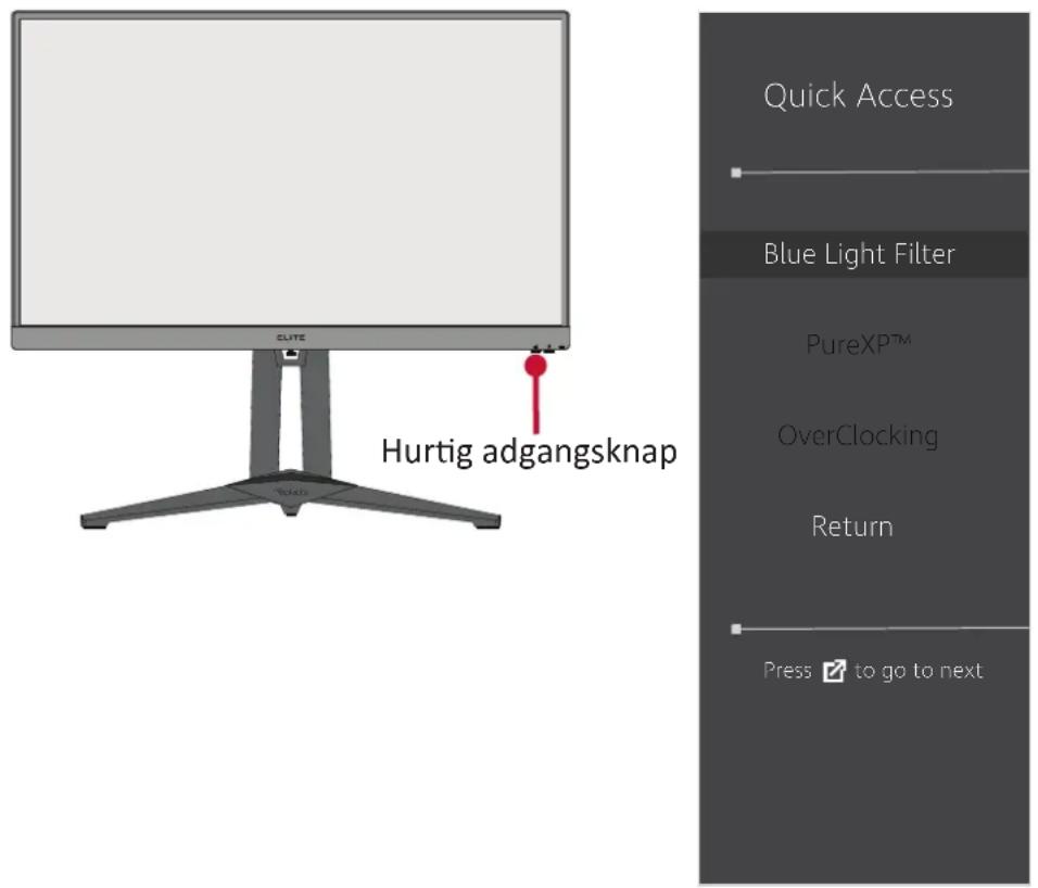 Hurtig adgangsknap Quick Access Blue Light Filter PureXP™ OverClocking Return Press → to go to next