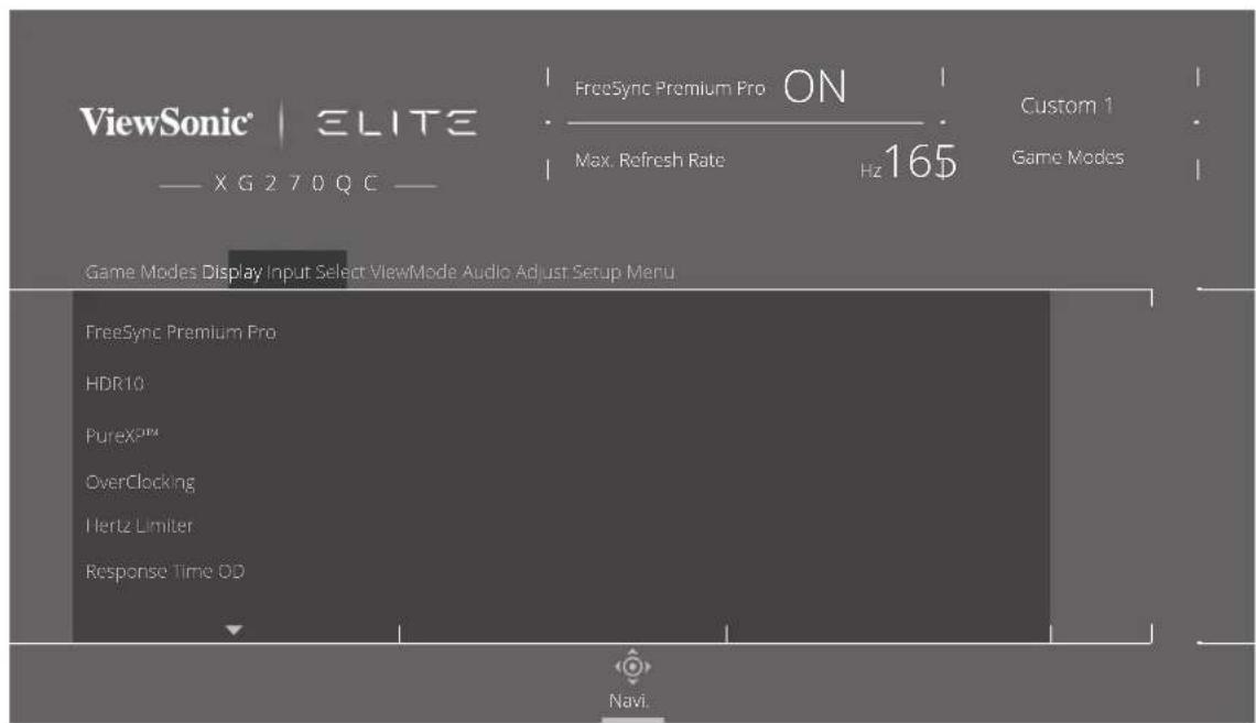 ViewSonic | ELITE X G 270 QC FreeSync Premium Pro ON Max. Refresh Rate Hz 165 Custom 1 Game Modes Game Modes Display Input Select ViewMode Audio Adjust Setup Menu FreeSync Premium Pro HDR10 PureXP™ OverClocking Hertz Limiter Response Time OD Navi.