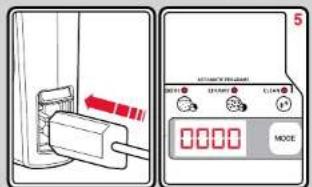 Diagram showing a device with a red arrow pointing to a component and a digital display labeled 'MODE' with '0000'.