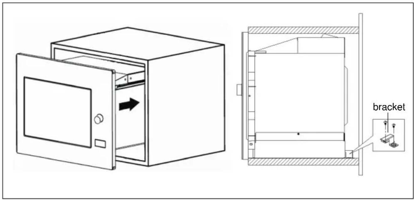 Technical diagram showing a closed storage cabinet with an arrow indicating direction and a bracket labeled 'bracket' pointing to a small component.