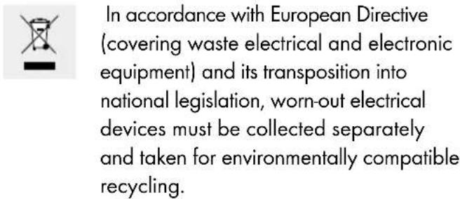 In accordance with European Directive (covering waste electrical and electronic equipment) and its transposition into national legislation, worn-out electrical devices must be collected separately and taken for environmentally compatible recycling.