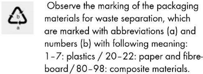 Observe the marking of the packaging materials for waste separation, which are marked with abbreviations (a) and numbers (b) with following meaning: 1-7: plastics / 20-22: paper and fibre-board / 80-98: composite materials.