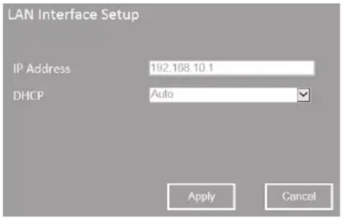 LAN Interface Setup IP Address 192.168.10.1 DHCP Auto Apply Cancel