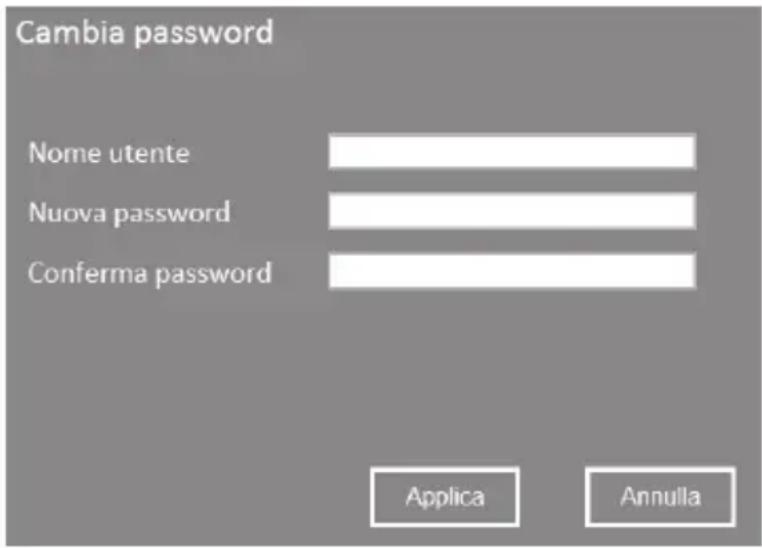 Cambia password Nome utente Nuova password Conferma password Applica Annulla