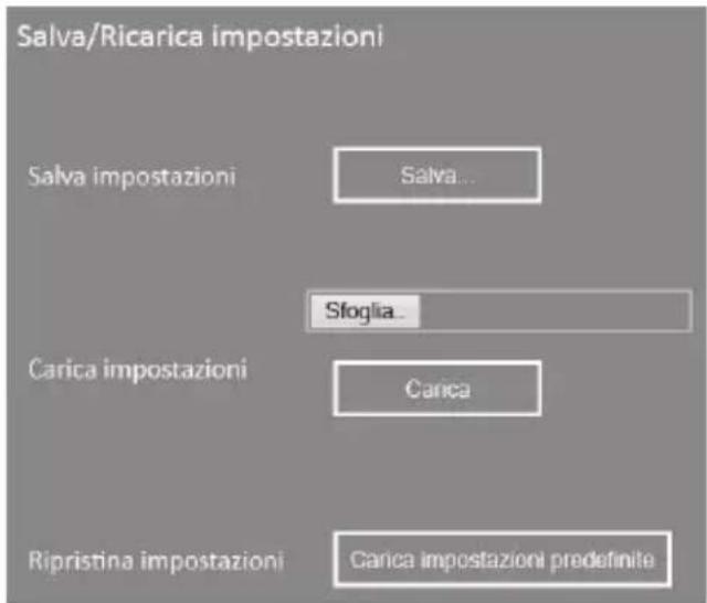 Salva/Ricarica impostazioni Salva impostazioni Salva... Sfoglia... Carica impostazioni Carica Ripristina impostazioni Carica impostazioni predefinite