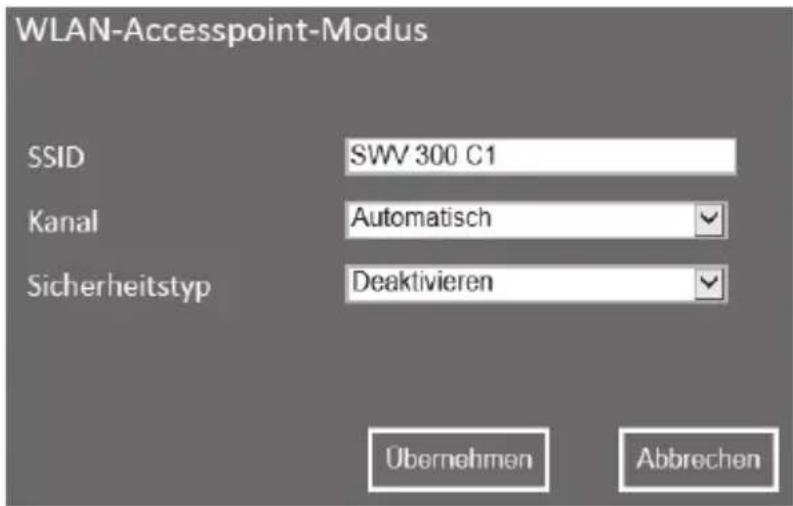 WLAN-Accesspoint-Modus SSID SWV 300 C1 Kanal Automatisch Sicherheitstyp Deaktivieren Übernehmen Abbrechen