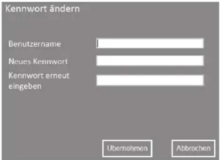 Kennwort ändern Benutzername Neues Kennwort Kennwort erneut eingeben Übernehmen Abbrachen