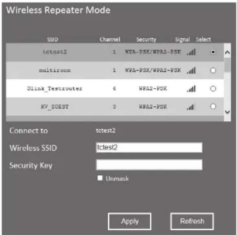 Wireless Repeater Mode SSID Channel Security Signal Select tctest2 1 WPA-PSK/WPA2-PSK .# multiroom 1 WPA-PSK/WPA2-PSK .# Dlink_Testrouter 6 WPA2-PSK .# KV_SOEST 3 WPA2-PSK .# Connect to tctest2 Wireless SSID tctest2 Security Key Unmask Apply Refresh