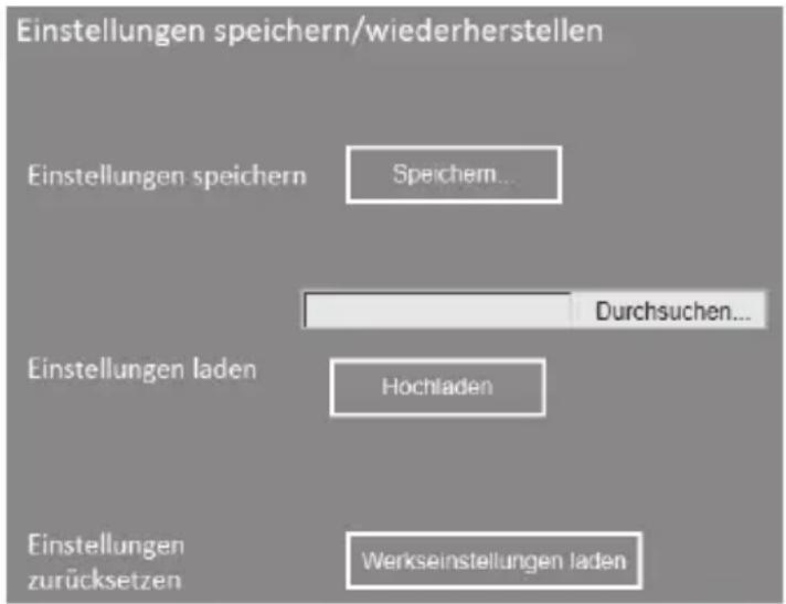 Einstellungen speichern/wiederherstellen Einstellungen speichern Speichern... Durchsuchen... Einstellungen laden Hochladen Einstellungen zurücksetzen Werkseinstellungen laden