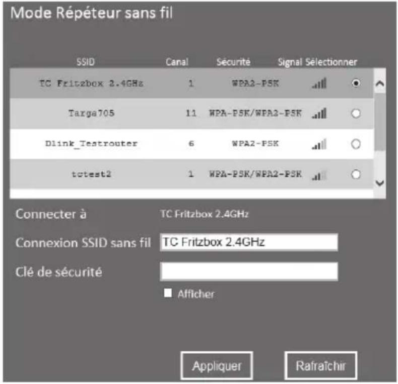 Mode Répéteur sans fil SSID Canal Sécurité Signal Sélectionner TC Fritzbox 2.4GHz 1 WPA2-PSK Targa705 11 WPA-PSK/WPA2-PSK Dlink_Testrouter 6 WPA2-PSK totest2 1 WPA-PSK/WPA2-PSK Connector à TC Fritzbox 2.4GHz Connexion SSID sans fil TC Fritzbox 2.4GHz Clé de sécurité ■ Afflicher Appliquer Rafratchir