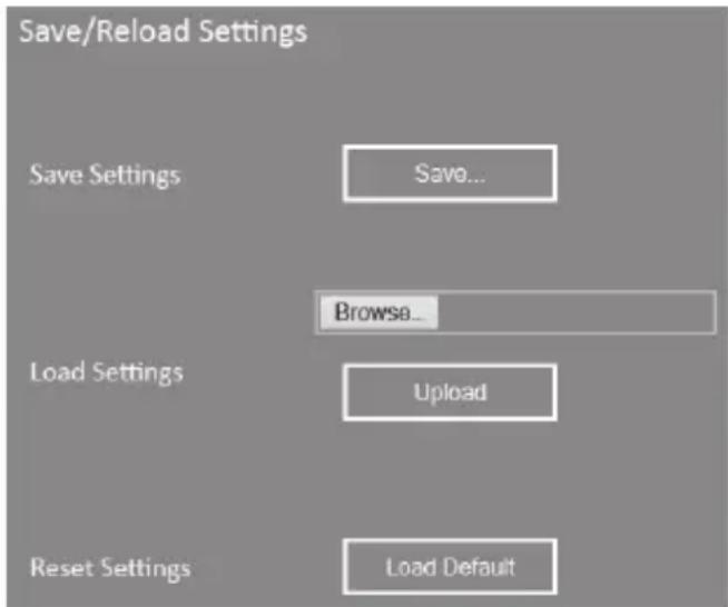 Save/Reload Settings Save Settings Save... Browse... Load Settings Upload Reset Settings Load Default