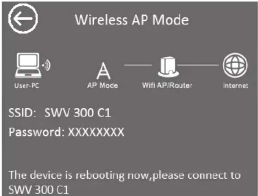 Wireless AP Mode User-PC AP Mode Wifi AP/Router XiInternet SSID: SWV 300 C1 Password: XXXXXXXX The device is rebooting now,please connect to SWV 300 C1