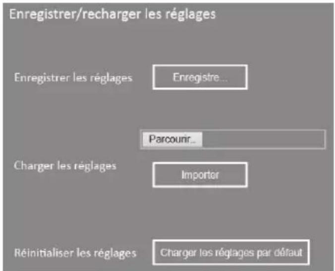 Enregistrer/recharger les réglages Enregistrer les réglages Enregistre... Parcounir... Charger les réglages Importer Réinitialiser les réglages Charger les réglages par défaut