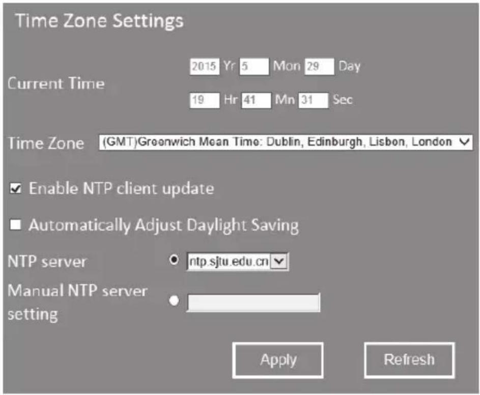 Time Zone Settings Current Time 2015 Yr 5 Mon 29 Day 19 Hr 41 Mn 31 Sec Time Zone (GMT) Greenwich Mean Time: Dublin, Edinburgh, Lisbon, London ✓ ✓ Enable NTP client update ■ Automatically Adjust Daylight Saving NTP server ● ntp.sjtu.edu.cn ✓ Manual NTP server setting Apply Refresh