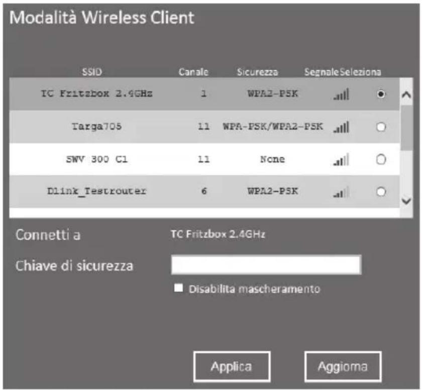 Modalità Wireless Client SSID Canale Sicurezza Segnale Seleziona TC Fritzbox 2.4GHz 1 WPA2-PSK Targa705 11 WPA-PSK/WPA2-PSK SWV 300 CI 11 None Dlink_Testrouter 6 WPA2-PSK Connetti a TC Fritzbox 2.4GHz Chiave di sicurezza Disabilita mascheramento Applica Aggioma