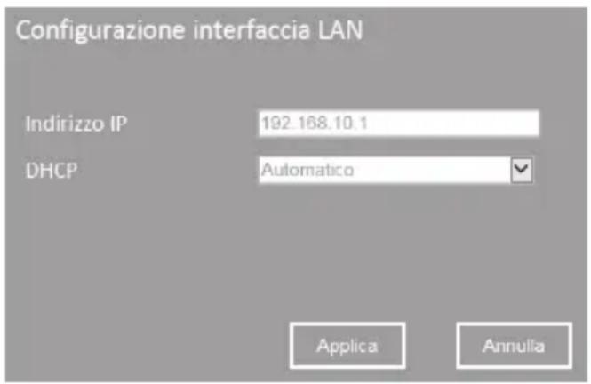 Configurazione interfaccia LAN Indirizzo IP 192.168.10.1 DHCP Automatico Applica Annulla