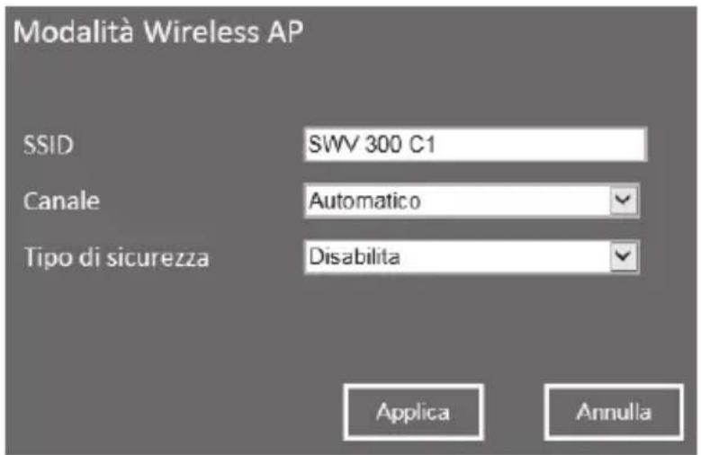 Modalità Wireless AP SSID SWV 300 C1 Canale Automatico Tipo di sicurezza Disabilita Applica Annulla