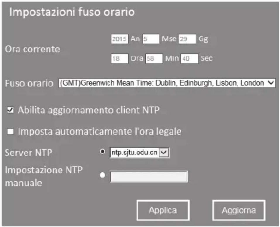 Impostazioni fuso orario Ora corrente 2015 An 5 Mse 29 Gg 18 Ora 58 Min 40 Sec Fuso orario (GMT)Greenwich Mean Time: Dublin, Edinburgh, Lisbon, London ✓ Abilita aggiornamento client NTP ■ Imposta automaticamente l'ora legale Server NTP ntp.sjtu.edu.cn Impostazione NTP manuale Applica Aggiorna
