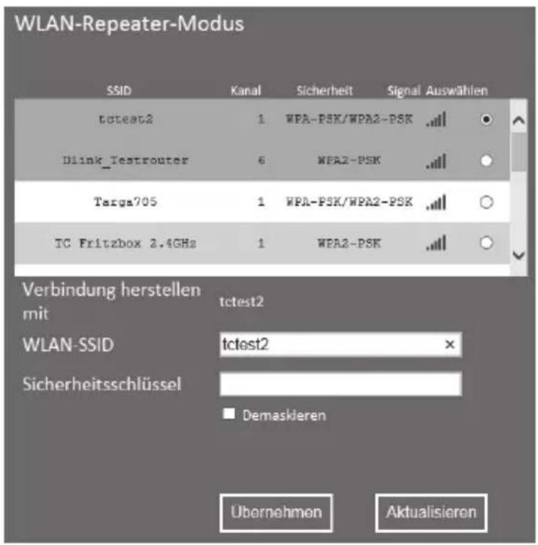 WLAN-Repeater-Modus SSID Kanal Sicherheit Signal Auswählen tctest2 1 WPA-PSK/WPA2-PSK Dlink_Testrouter 6 WFA2-PSK Targa705 1 WPA-PSK/WPA2-PSK TC Fritzbox 2.4GHz 1 WFA2-PSK Verbindung herstellen mit tctest2 WLAN-SSID tctest2 Sicherheitsschlüssel Demaskieren Übernehmen Aktualisieren