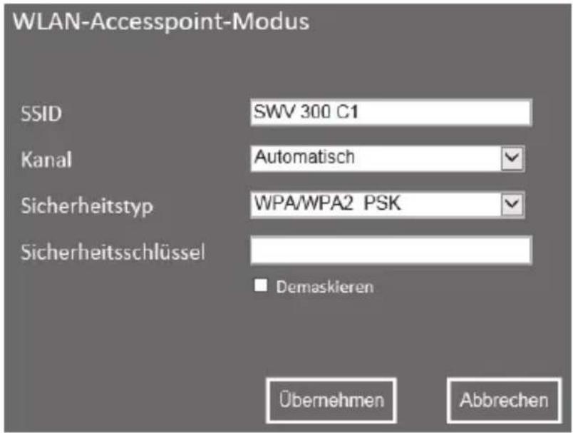 WLAN-Accesspoint-Modus SSID SWV 300 C1 Kanal Automatisch Sicherheitstyp WPA/WPA2 PSK Sicherheitsschlüssel Demaskieren Übernehmen Abbrechen
