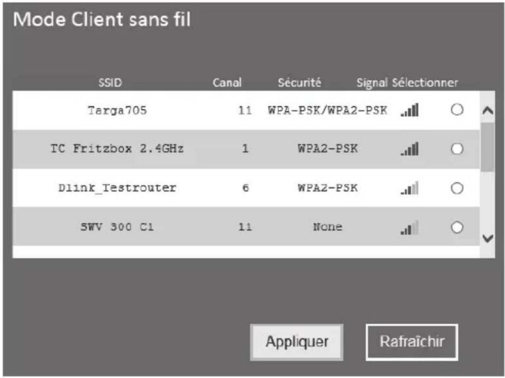 Mode Client sans fil SSID Canal Sécurité Signal Sélectionner Targa705 11 WPA-PSK/WPA2-PSK TC Fritzbox 2.4GHz 1 WPA2-PSK Dlink_Testrouter 6 WPA2-PSK SWV 300 C1 11 None Appliquer Rafraîchir