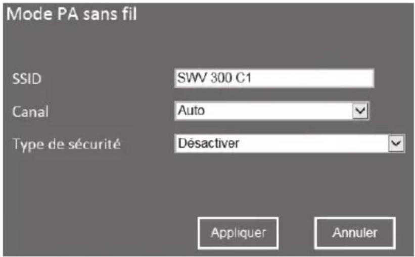 Mode PA sans fil SSID SWV 300 C1 Canal Auto Type de sécurité Désactiver Appliquer Annuler