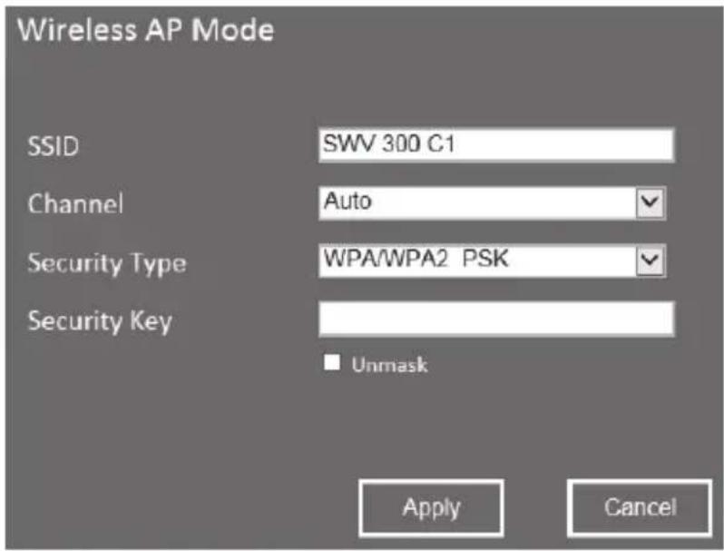 Wireless AP Mode SSID SWV 300 C1 Channel Auto Security Type WPA/WPA2 PSK Security Key ■ Unmask Apply Cancel