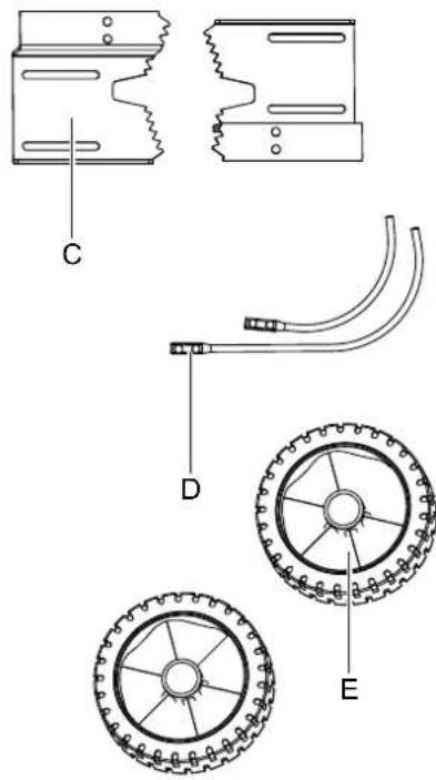 Technical diagram showing labeled mechanical components including a gear, worm gear, and wheel assembly with annotations C, D, and E.