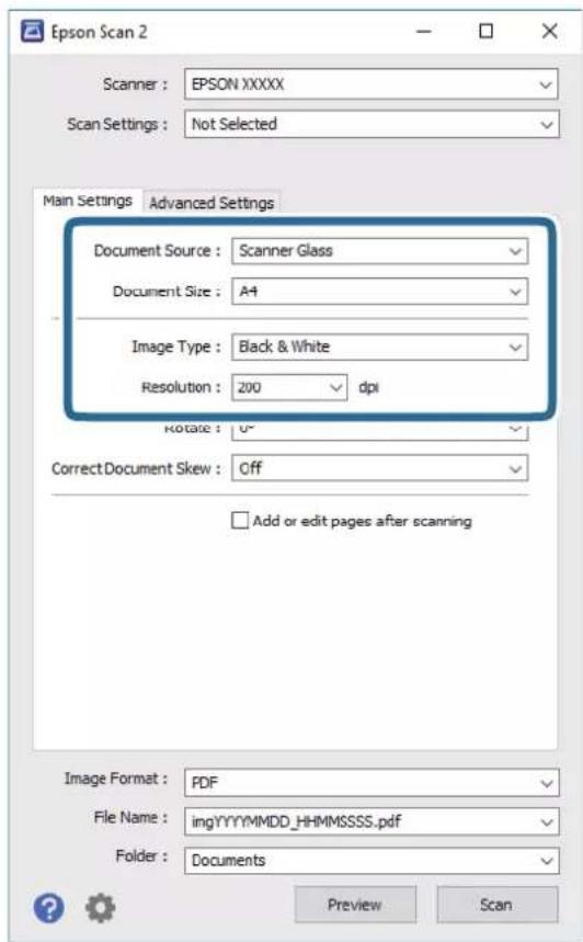 EPSON EcoTank ET-2700 - Foretag følgende indstillinger på fanen Hovedindstillinger. - 1
