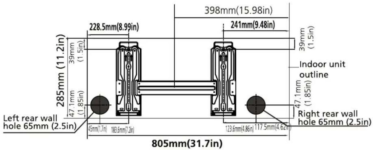 285mm (11.2in) 39mm (1.5in) 47.1mm (1.85in) 228.5mm(8.99in) 398mm(15.98in) 241mm(9.48in) 39mm (1.5in) Indoor unit outline Left rear wall hole 65mm (2.5in) 45mm(1.7in) 183.6mm(7.2in) 123.6mm(4.86in) 117.5mm(4.62in) Right rear wall hole 65mm (2.5in) 805mm(31.7in)