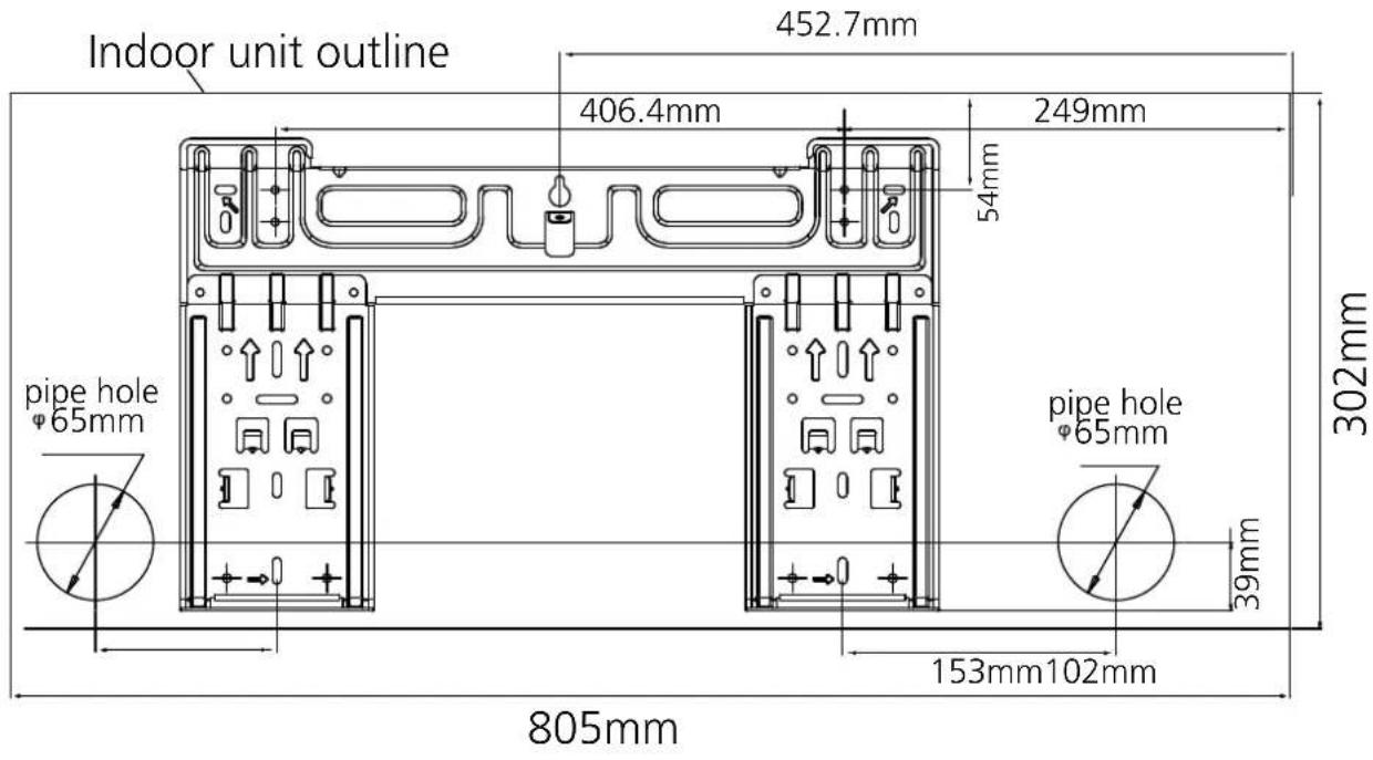Indoor unit outline 452.7mm 406.4mm 249mm 54mm pipe hole φ65mm 302mm 153mm102mm pipe hole φ65mm 39mm 805mm