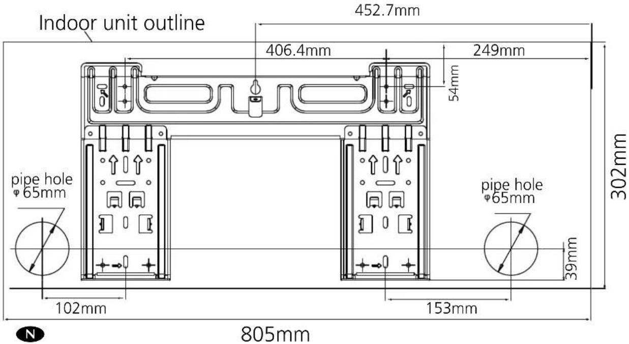 Indoor unit outline 452.7mm 406.4mm 249mm 54mm pipe hole φ65mm 102mm 302mm pipe hole φ65mm 153mm 39mm 805mm N