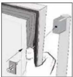 Simple line drawing of a door with a wall-mounted switch and bracket (no text or symbols)