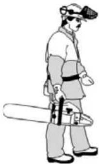 Line drawing of a person wearing a VR headset and holding a chainsaw (no text or symbols)