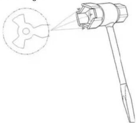 Technical line drawing of a mechanical device emitting exhaust air, with no visible text or symbols