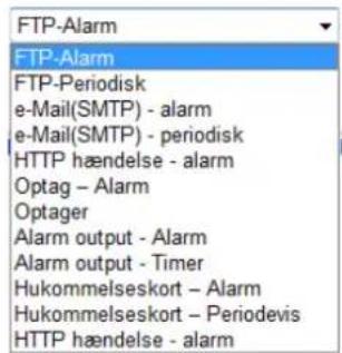 FTP-Alarm FTP-Alarm FTP-Periodisk e-Mail(SMTP) - alarm e-Mail(SMTP) - periodisk HTTP hændelse - alarm Optag - Alarm Optager Alarm output - Alarm Alarm output - Timer Hukommelseskort - Alarm Hukommelseskort - Periodevis HTTP hændelse - alarm