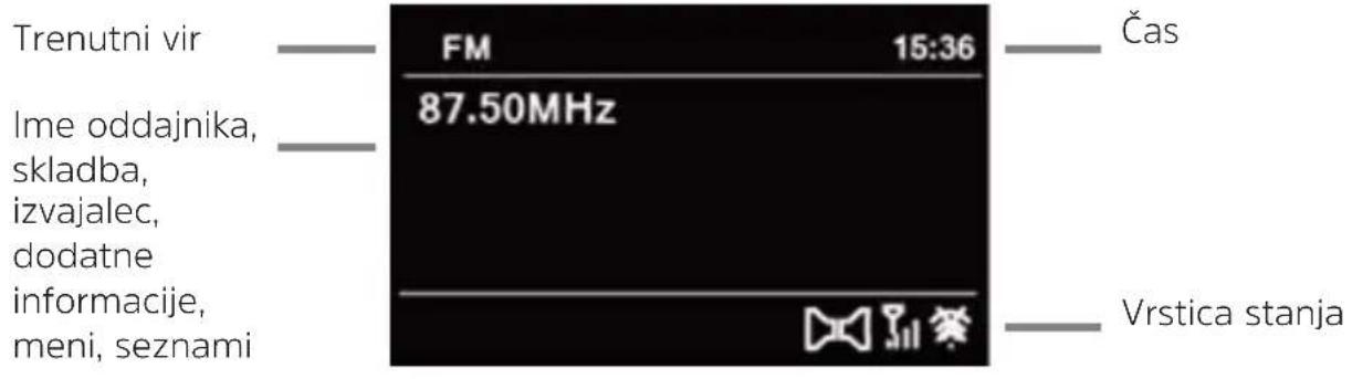 Trenutni vir Ime oddajnika, skladba, izvajalec, dodatne informacije, meni, seznami FM 15:36 Čas 87.50MHz Vrstica stanja