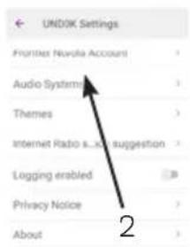 UNDOK Settings Frontier Audio Account Audio Systems Themes Internet Radio s...o suggestion Logging enabled Privacy Notice About