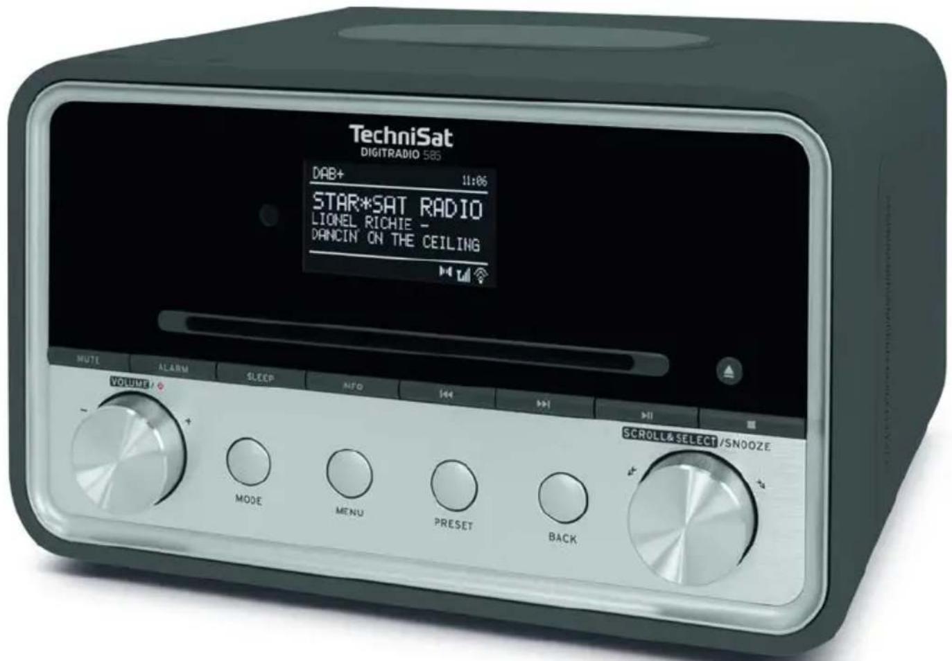 TechniSat DIGITRADIO 583 DAB+ 11:06 STAR*SAT RADIO LIONEL RICHIE - DANCIN ON THE CEILING VOLUME / + MODE MENU PRESET BACK MOYA ALARM SLEEP MFD 44 44 44 44 44 44 SCROLL&SELECT/SNOOZE