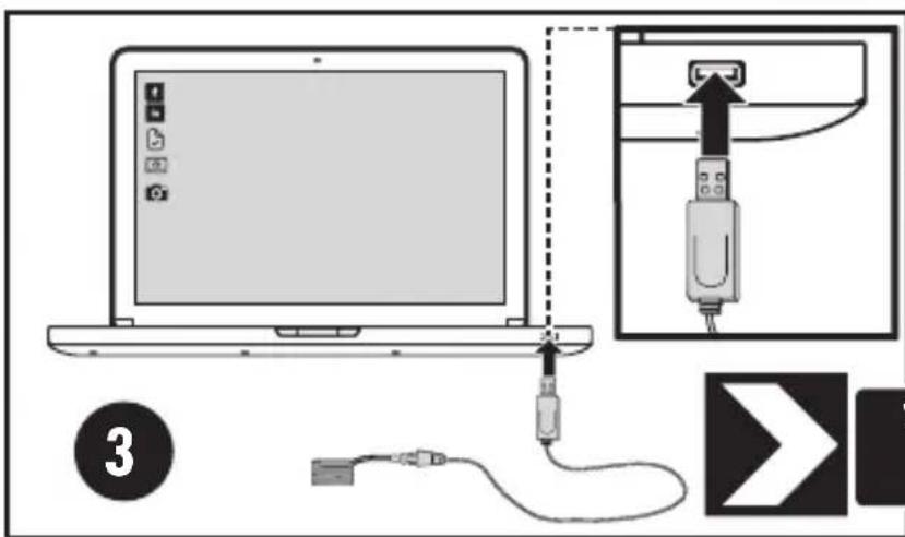 Diagram showing a laptop connected to a USB cable with an attached USB port, accompanied by instructional labels and a numbered section.
