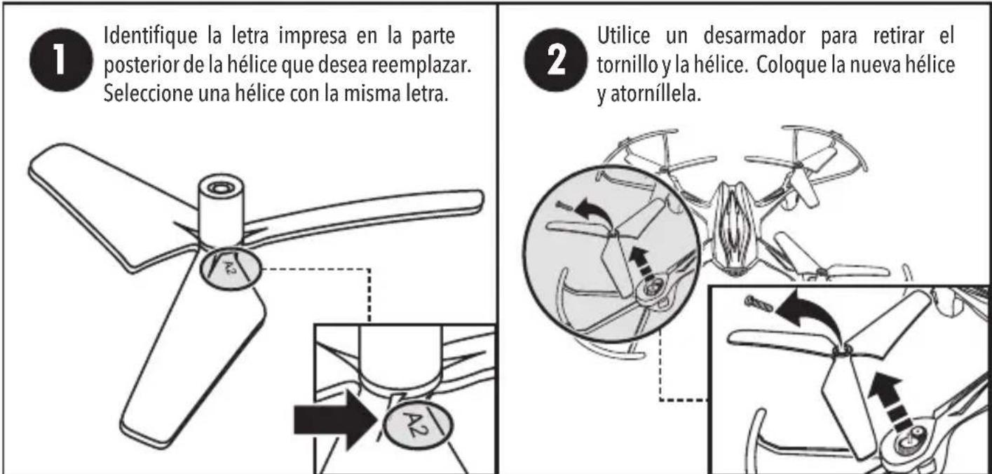 1 Identifique la letra impresa en la parte posterior de la hélice que desea reemplazar. Seleccione una hélice con la misma letra. 2 Utilice un desarmador para retirar el tornillo y la hélice. Coloque la nueva hélice y atorníllela.