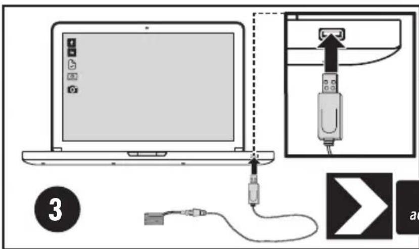 Diagram showing a laptop connected to a USB cable, with an attached USB port and directional arrow indicating connection.