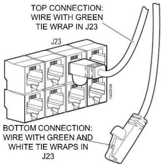 TOP CONNECTION: WIRE WITH GREEN TIE WRAP IN J23 J23 Bottom CONNECTION: WIRE WITH GREEN AND WHITE TIE WRAPS IN J23
