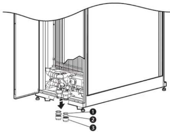 Technical diagram of a mechanical assembly with numbered components and directional arrow indicating assembly or movement.