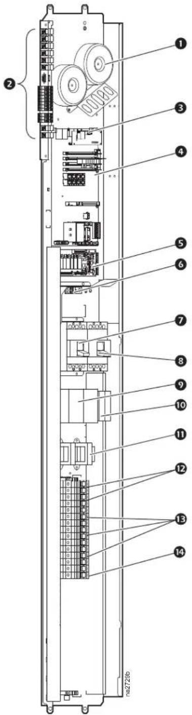 Technical diagram of a vertical electronic device with numbered components and labeled ports