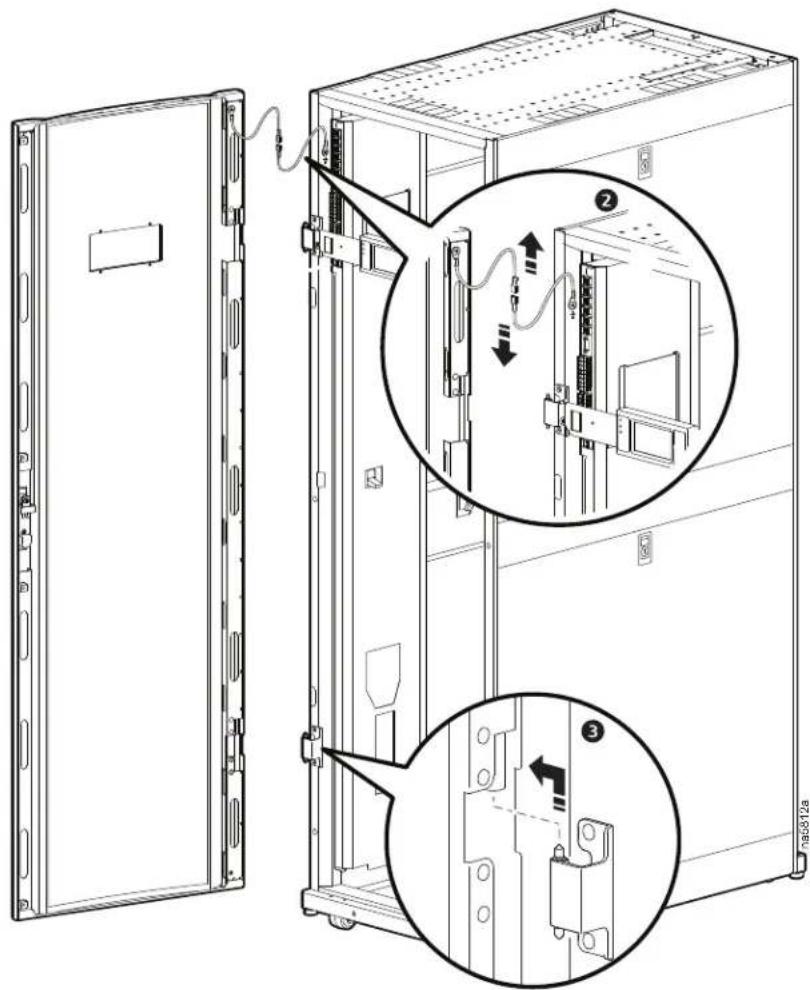 Technical diagram of a server rack with labeled components and wiring connections, showing internal structure and assembly steps.