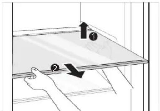 Diagram showing a hand holding a tray with two labeled arrows indicating direction of movement or force, and numbered annotations ① and ②.