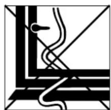 Abstract black-and-white geometric line drawing with no text or symbols