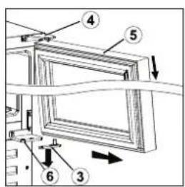 Technical diagram showing labeled components of a window frame assembly with numbered parts and directional arrows.