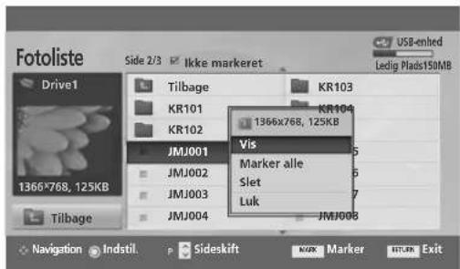 Fotoliste Side 2/3 ✓ Ikke markeret Drive1 1366*768, 125KB Tilbage KR103 KR101 KR102 JMJ001 1366x768, 125KB Vis Marker alle Slet Luk JMJ002 JMJ003 JMJ004 JMJ008 Navigation Indstil. Sideskift MARK Marker RETURN Exit